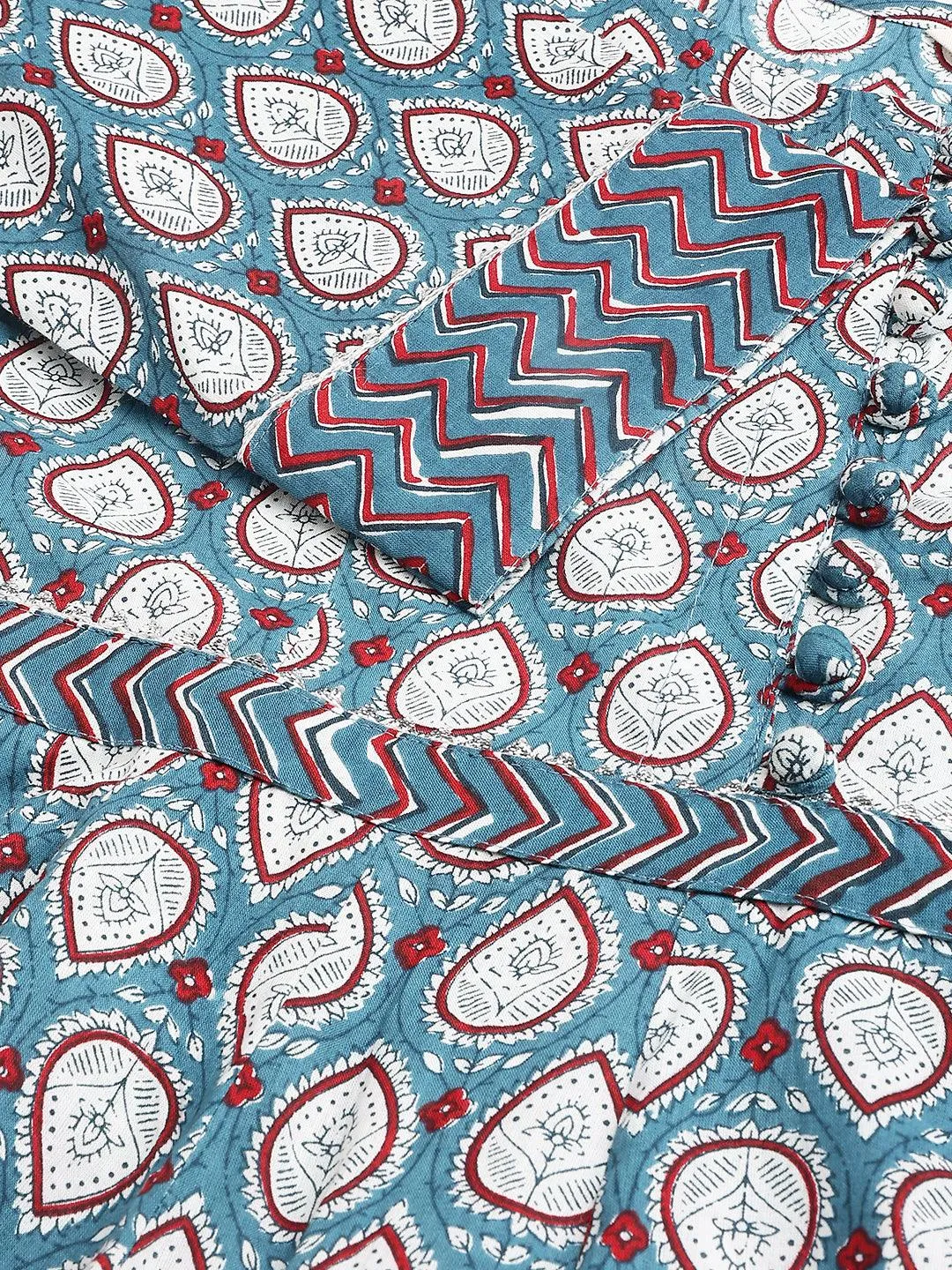 Turquoise Blue Cotton Anarkali Kurta Pant Set With Dupatta