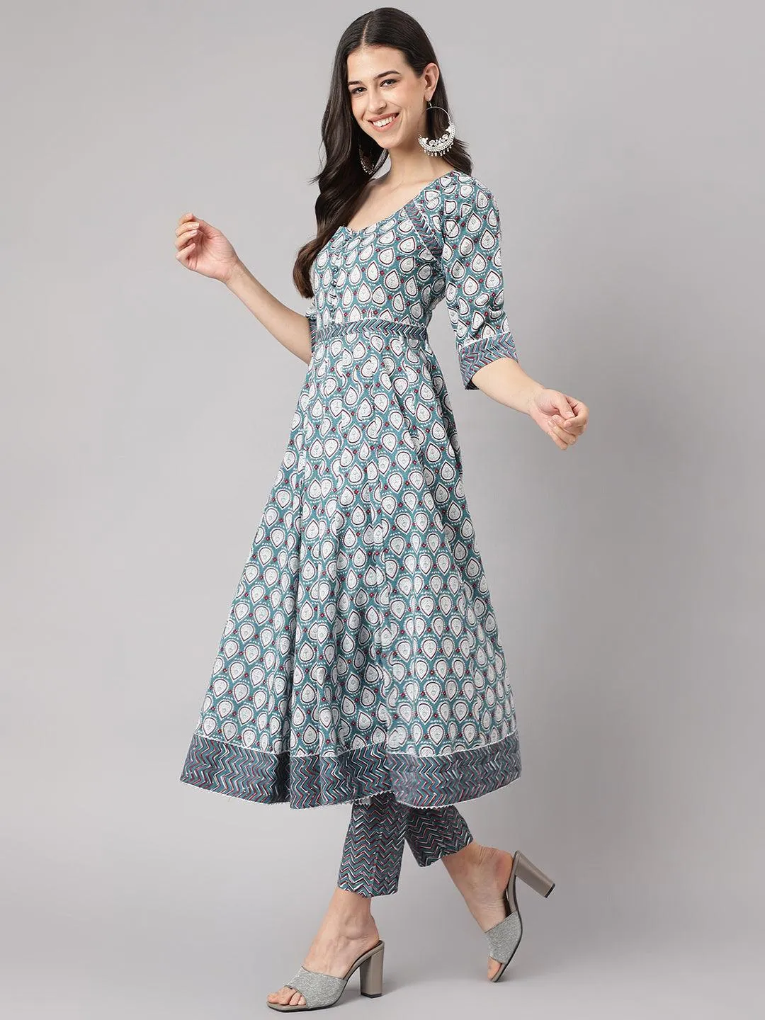 Turquoise Blue Cotton Anarkali Kurta Pant Set With Dupatta