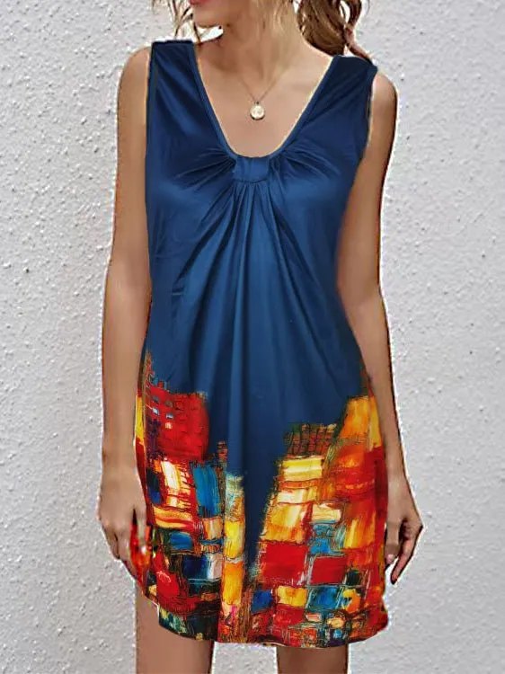 V-Neck Printed Sleeveless Casual Dress