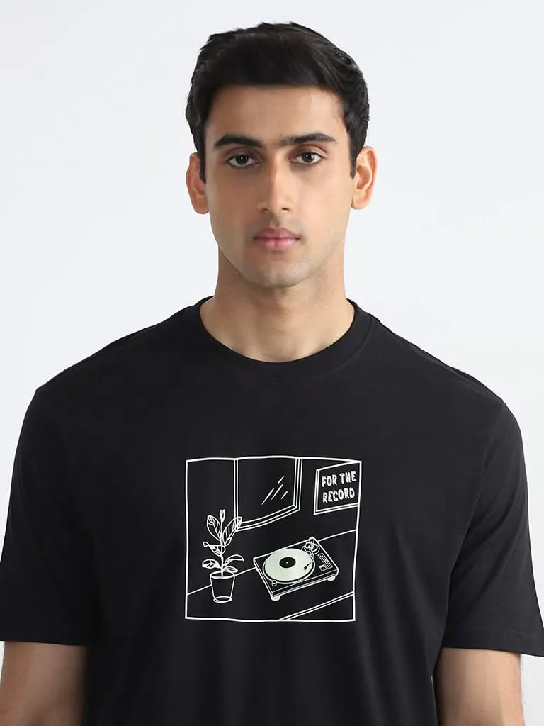 WES Casuals Printed Black Relaxed-Fit T-Shirt