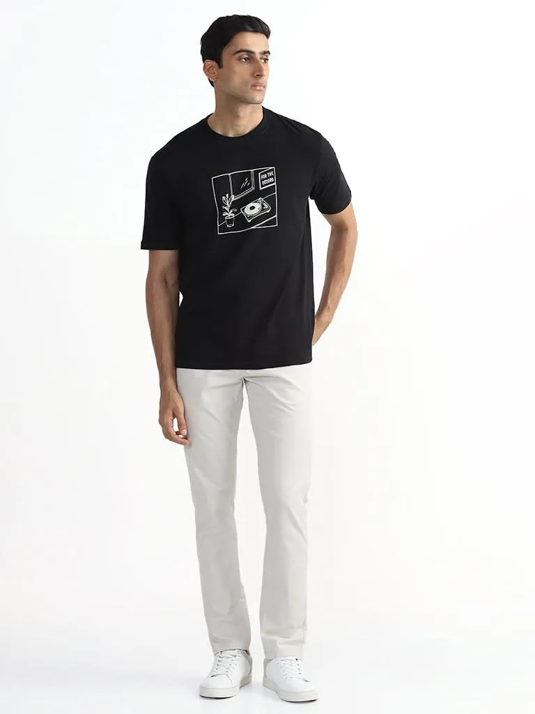 WES Casuals Printed Black Relaxed-Fit T-Shirt
