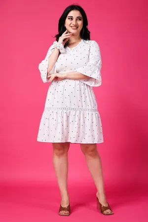 White Polka Dots Printed Dress with Lace