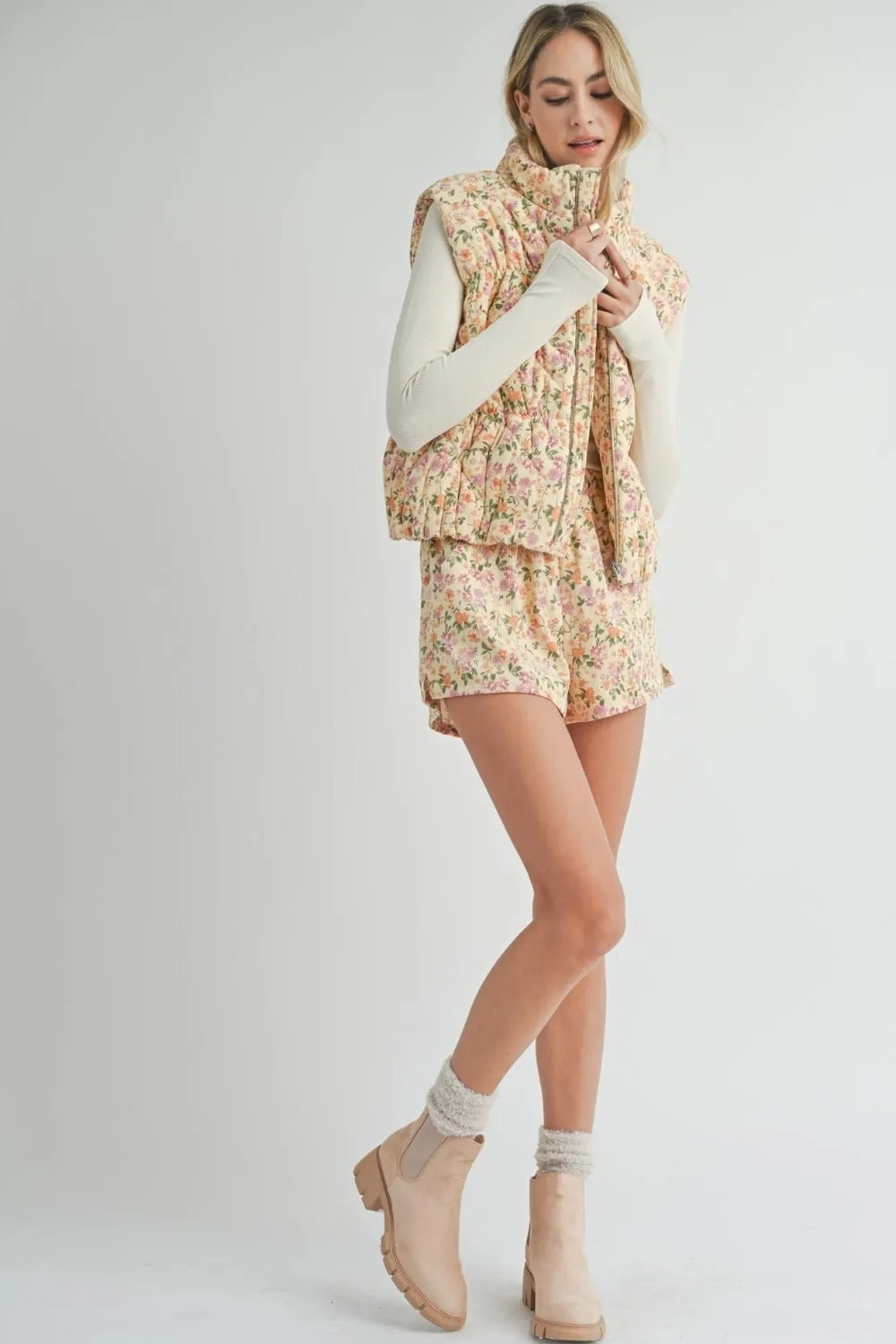 Women's Floral Baby Corduroy Shorts with Pockets | Cream Yellow