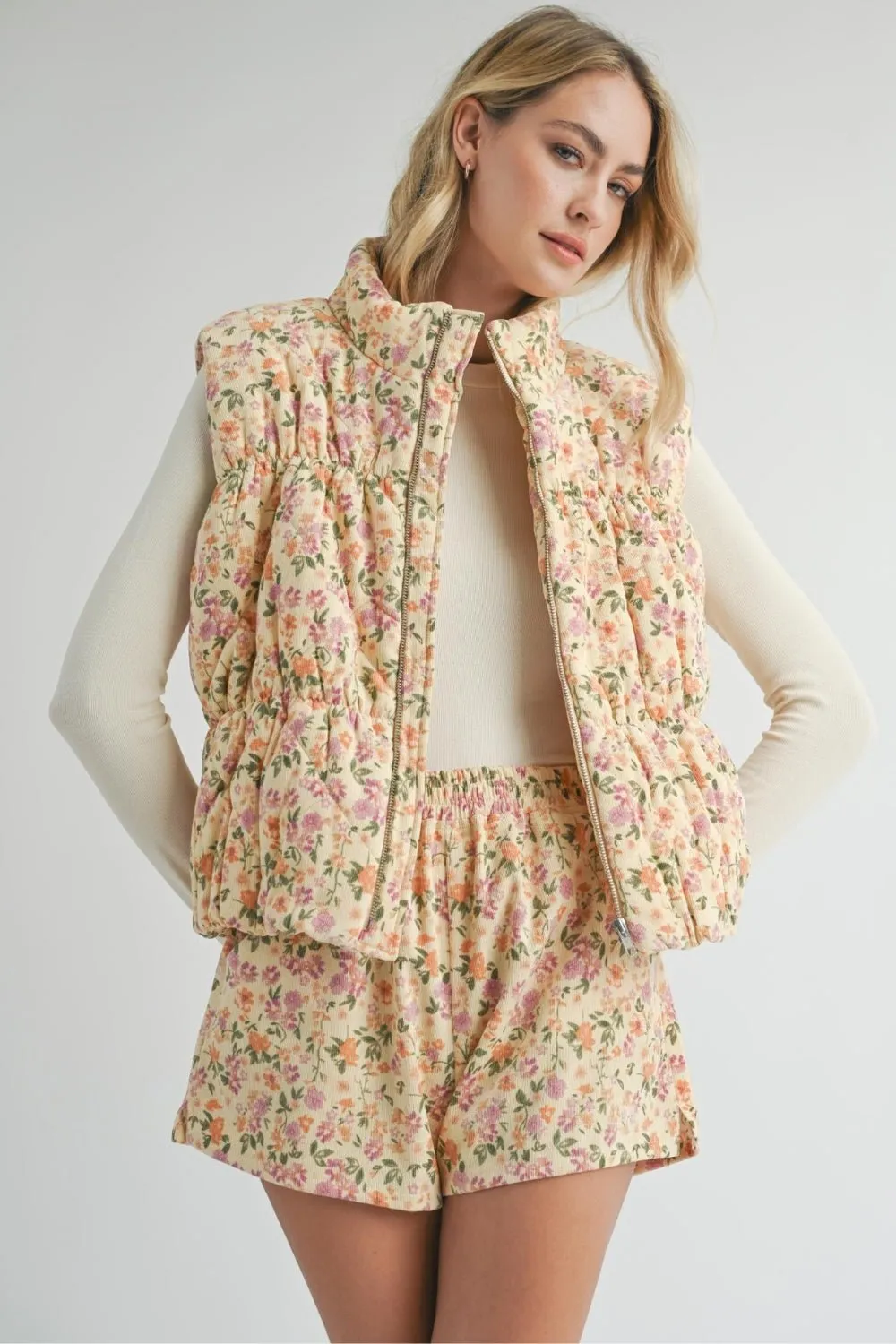 Women's Floral Baby Corduroy Shorts with Pockets | Cream Yellow