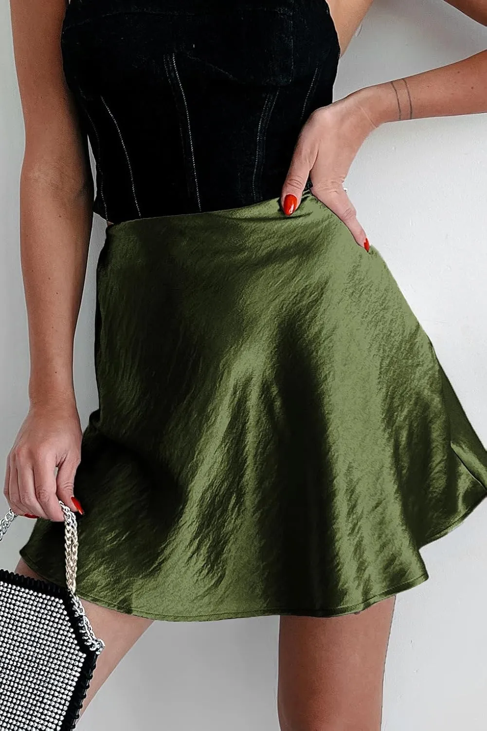 Womens Satin Mini Skirt Elastic Waist A Line Silk Mini Short Skirts for Women
