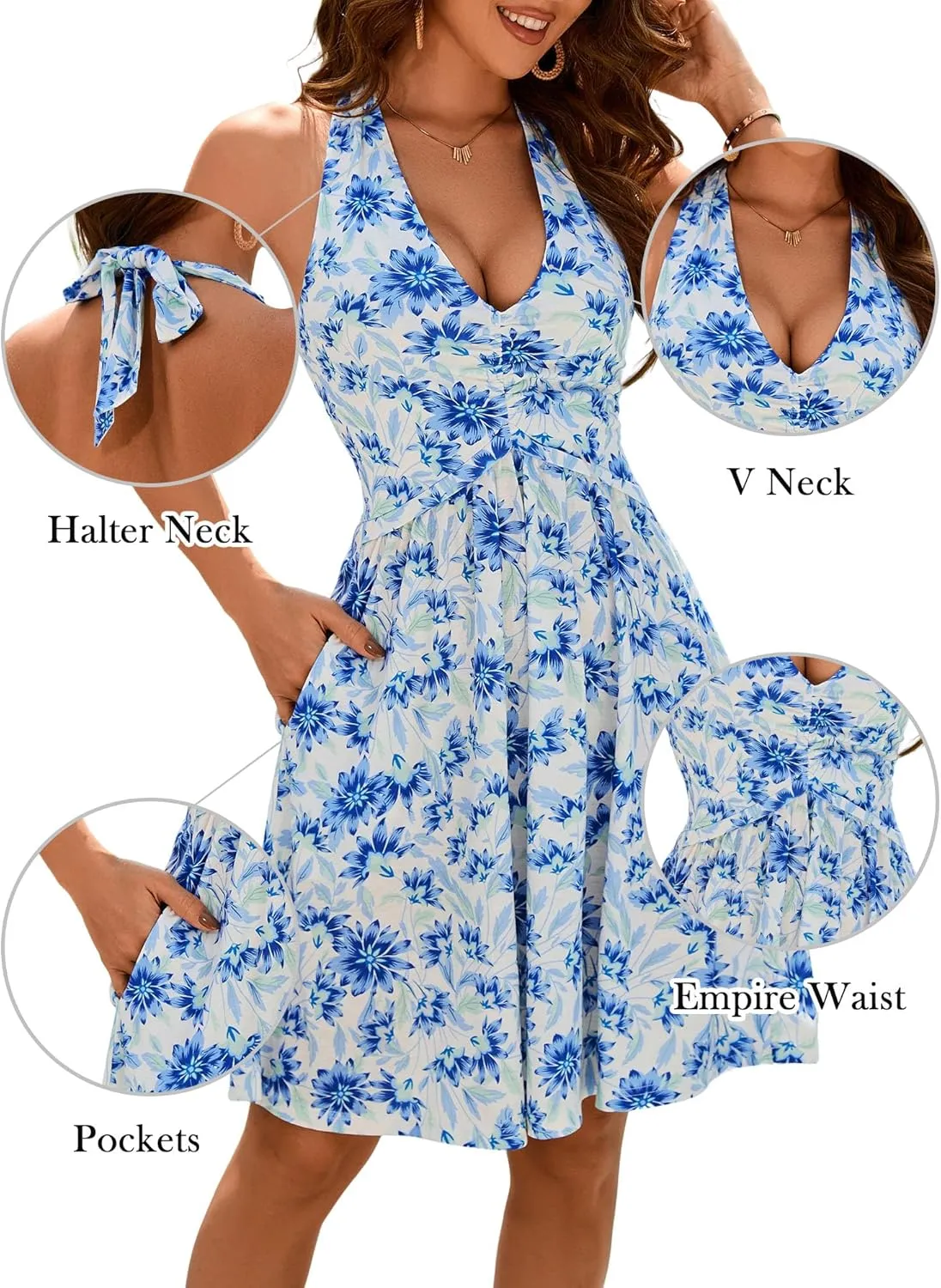 ZABERRY Women Summer Sundresses Halter Neck Deep V Tie Backless Floral Ruched Graduation Sun Dresses 2025 with Pockets