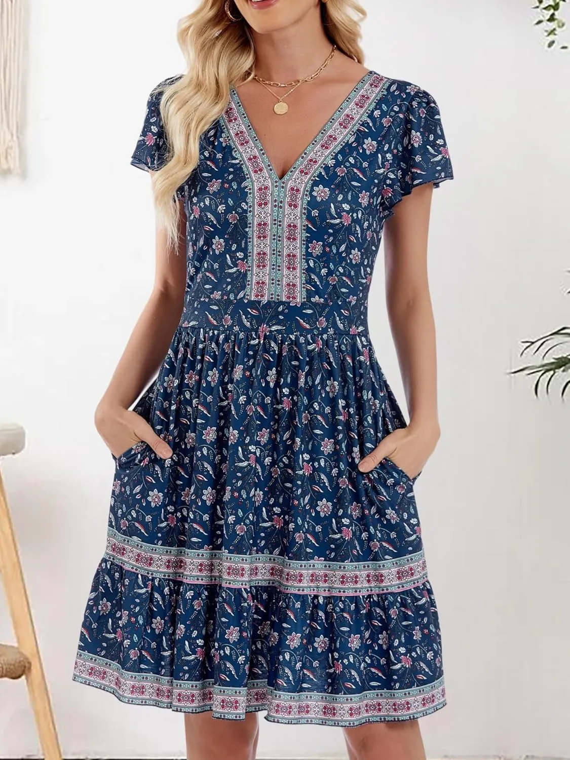 ZABERRY Womens Summer Back Hollow Out V Neck Sundress Boho Floral Ruffle Tiered A Line Vacation Dresses