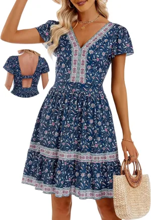 ZABERRY Womens Summer Back Hollow Out V Neck Sundress Boho Floral Ruffle Tiered A Line Vacation Dresses