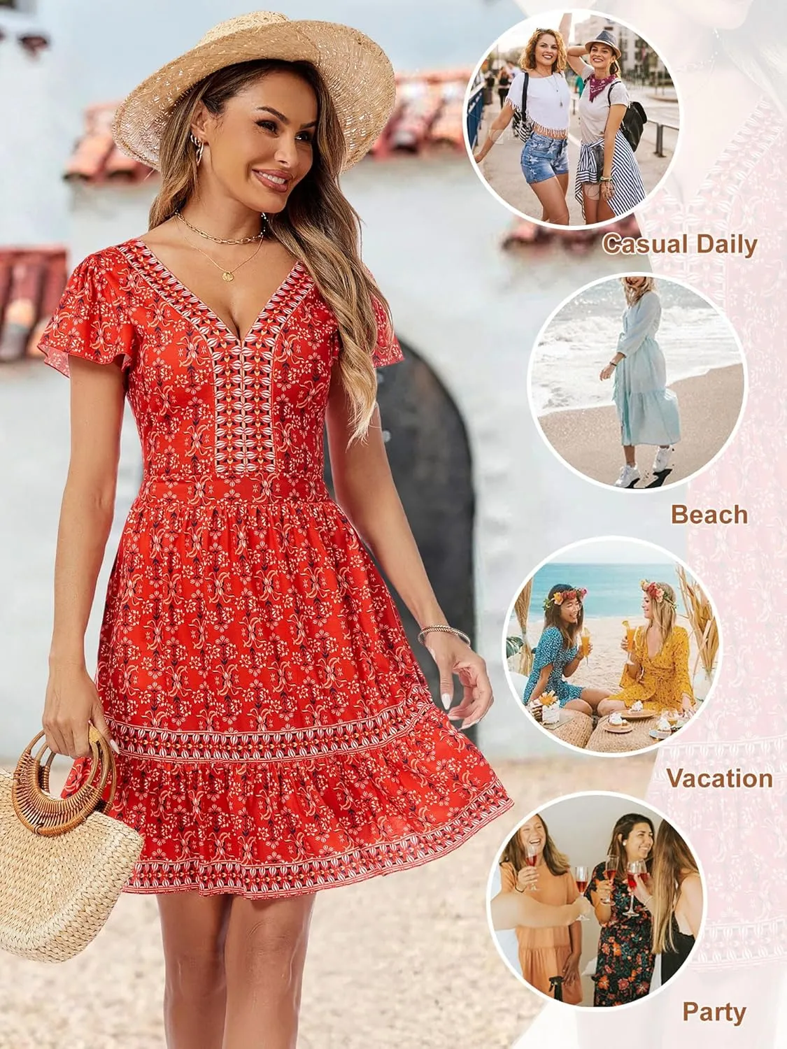 ZABERRY Womens Summer Back Hollow Out V Neck Sundress Boho Floral Ruffle Tiered A Line Vacation Dresses