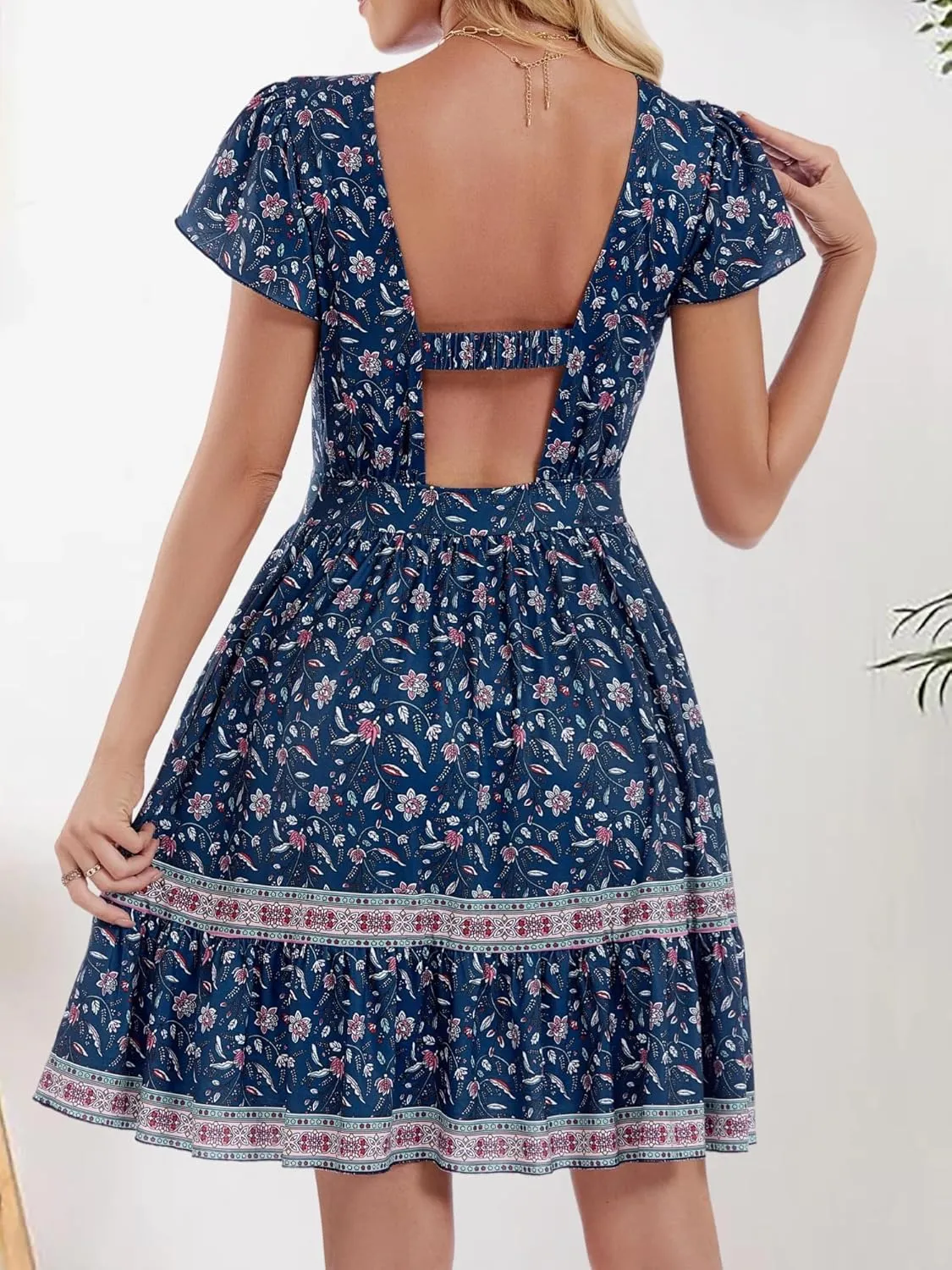 ZABERRY Womens Summer Back Hollow Out V Neck Sundress Boho Floral Ruffle Tiered A Line Vacation Dresses
