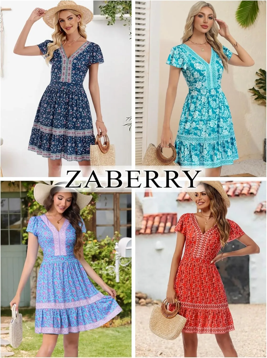 ZABERRY Womens Summer Back Hollow Out V Neck Sundress Boho Floral Ruffle Tiered A Line Vacation Dresses