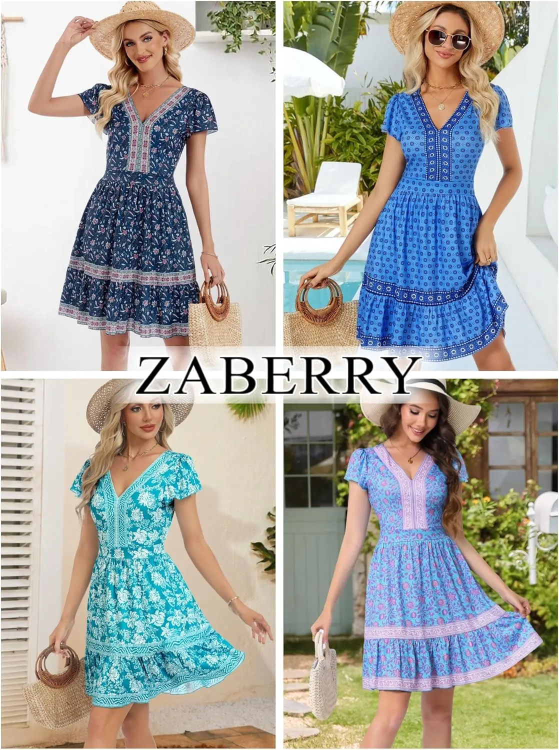ZABERRY Womens Summer Back Hollow Out V Neck Sundress Boho Floral Ruffle Tiered A Line Vacation Dresses