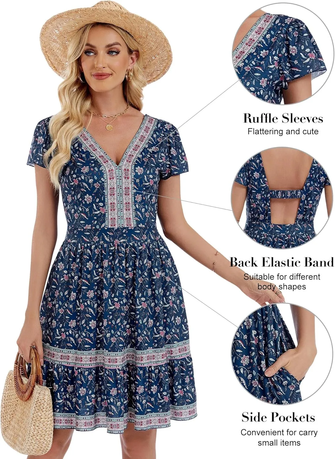 ZABERRY Womens Summer Back Hollow Out V Neck Sundress Boho Floral Ruffle Tiered A Line Vacation Dresses