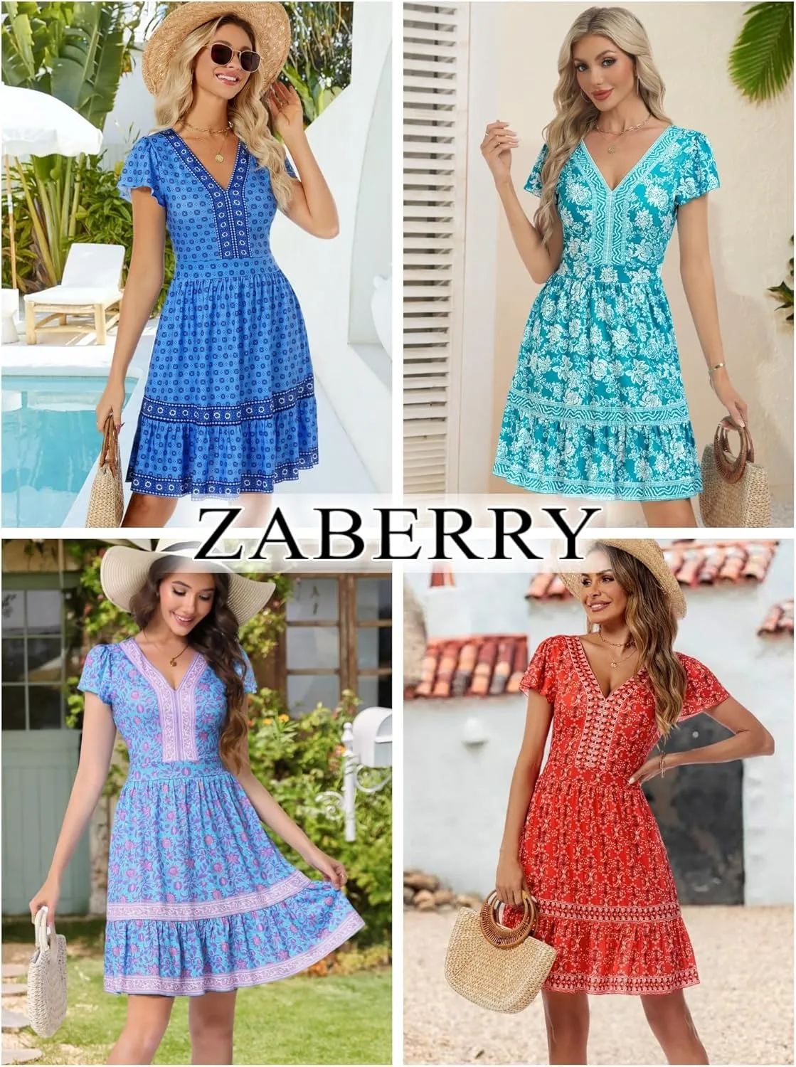 ZABERRY Womens Summer Back Hollow Out V Neck Sundress Boho Floral Ruffle Tiered A Line Vacation Dresses
