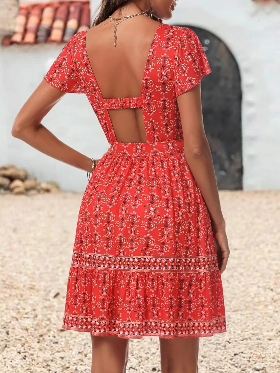 ZABERRY Womens Summer Back Hollow Out V Neck Sundress Boho Floral Ruffle Tiered A Line Vacation Dresses