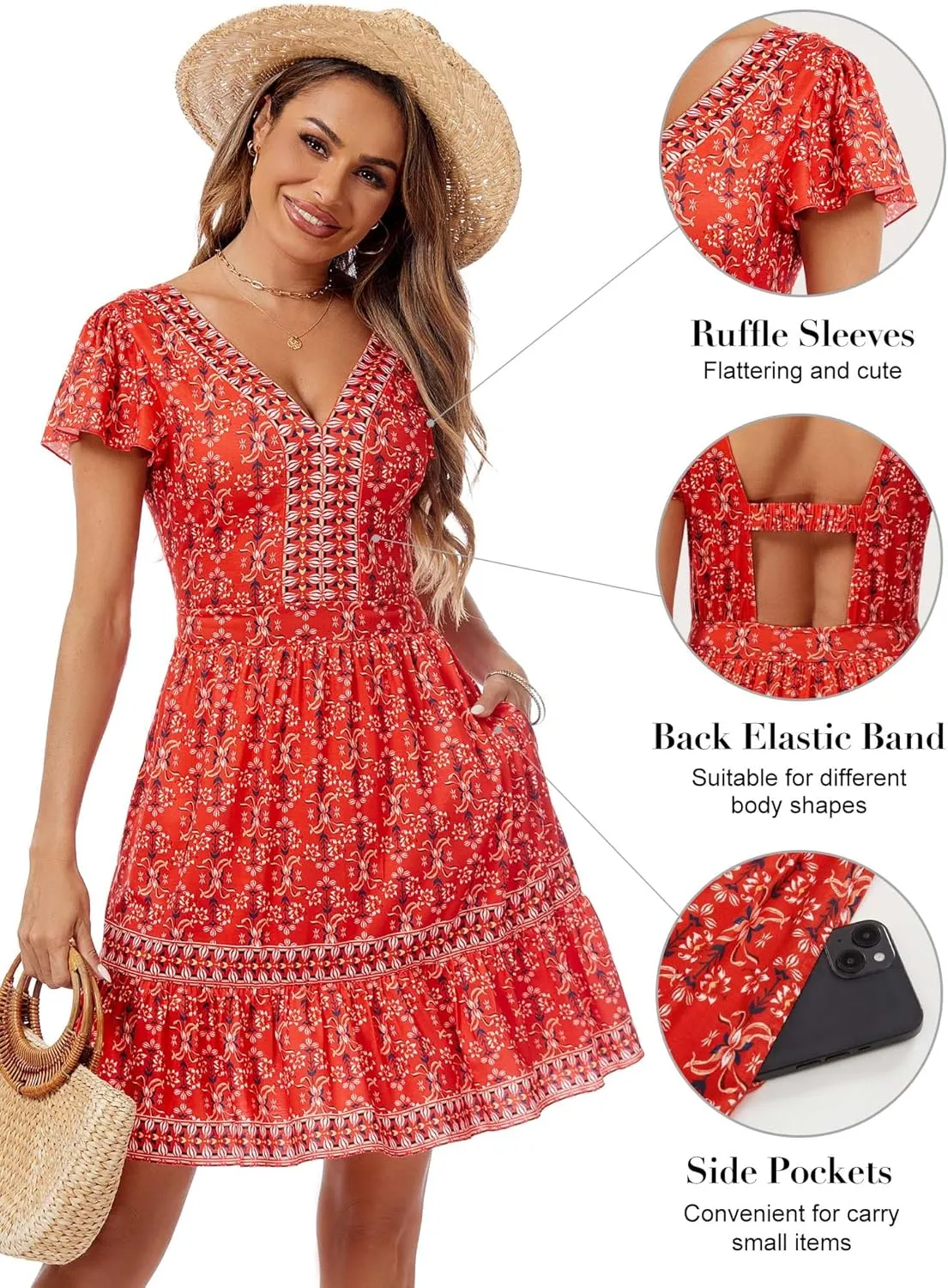 ZABERRY Womens Summer Back Hollow Out V Neck Sundress Boho Floral Ruffle Tiered A Line Vacation Dresses