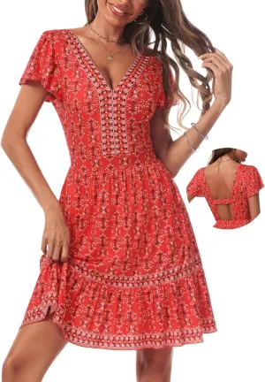 ZABERRY Womens Summer Back Hollow Out V Neck Sundress Boho Floral Ruffle Tiered A Line Vacation Dresses
