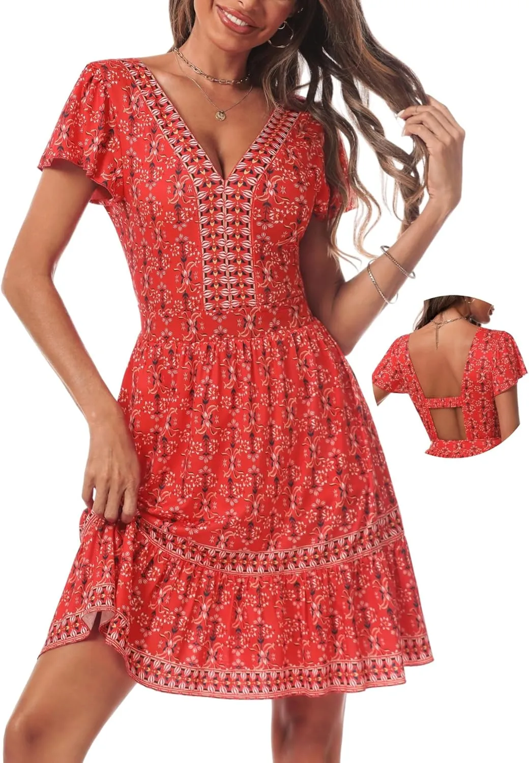 ZABERRY Womens Summer Back Hollow Out V Neck Sundress Boho Floral Ruffle Tiered A Line Vacation Dresses