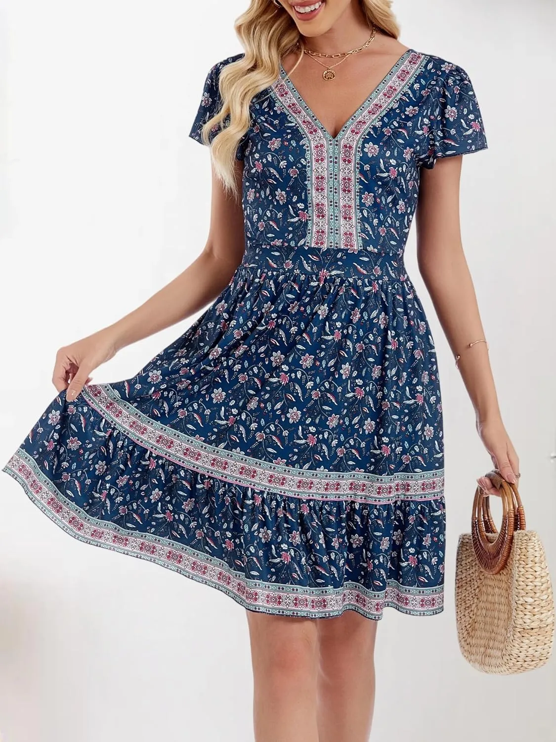 ZABERRY Womens Summer Back Hollow Out V Neck Sundress Boho Floral Ruffle Tiered A Line Vacation Dresses