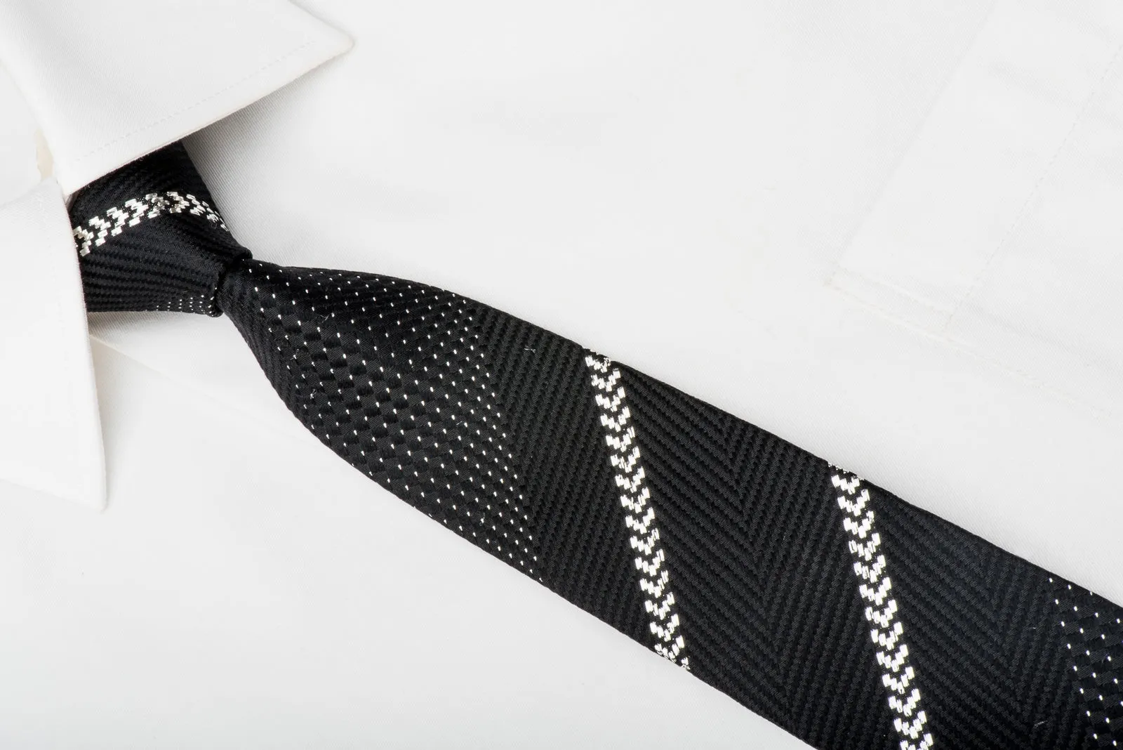 ZioZia Men's Skinny Silk Tie Silver Stripes & Micro Dots On Black