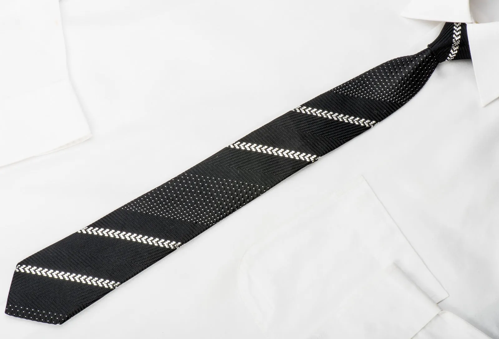 ZioZia Men's Skinny Silk Tie Silver Stripes & Micro Dots On Black
