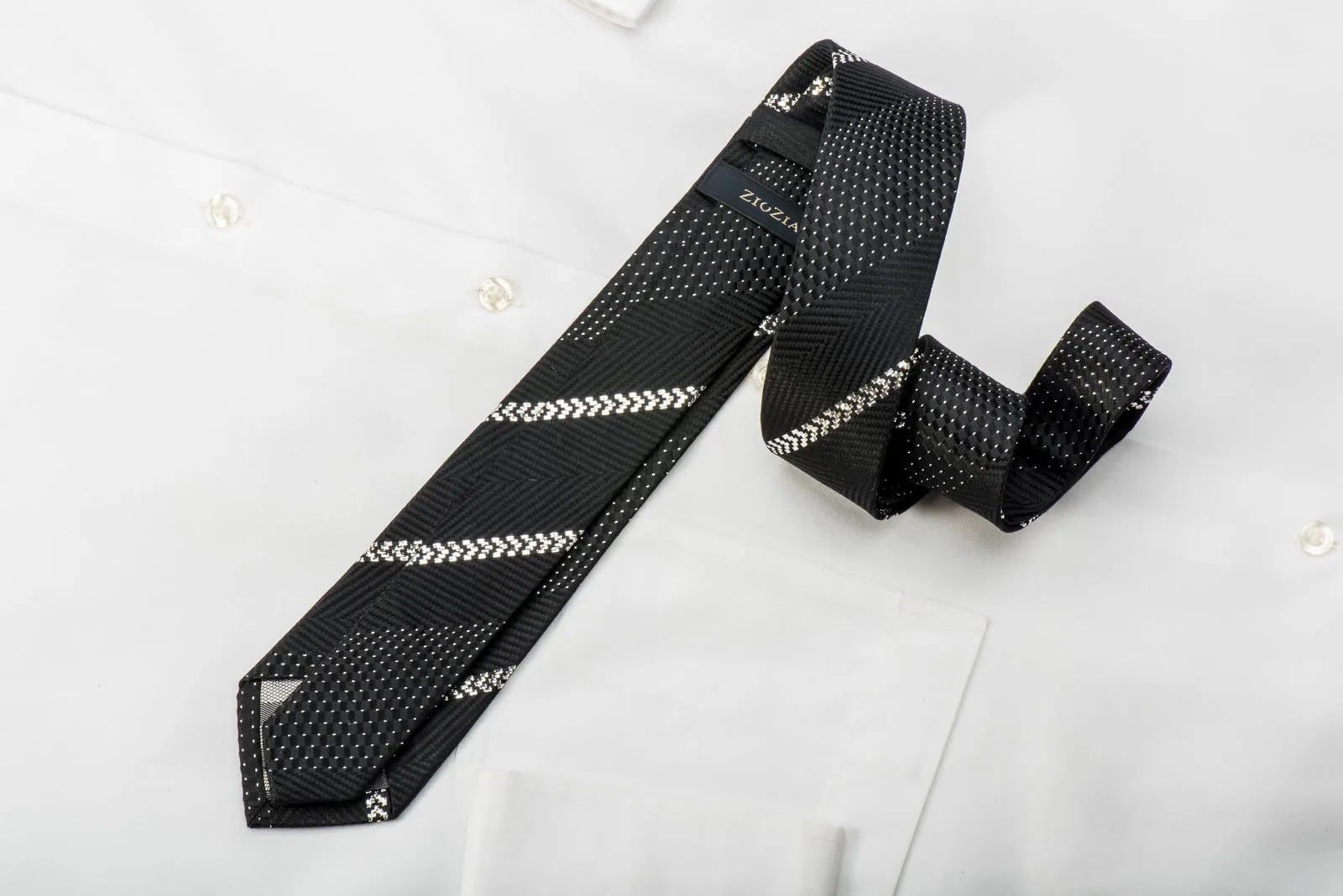 ZioZia Men's Skinny Silk Tie Silver Stripes & Micro Dots On Black